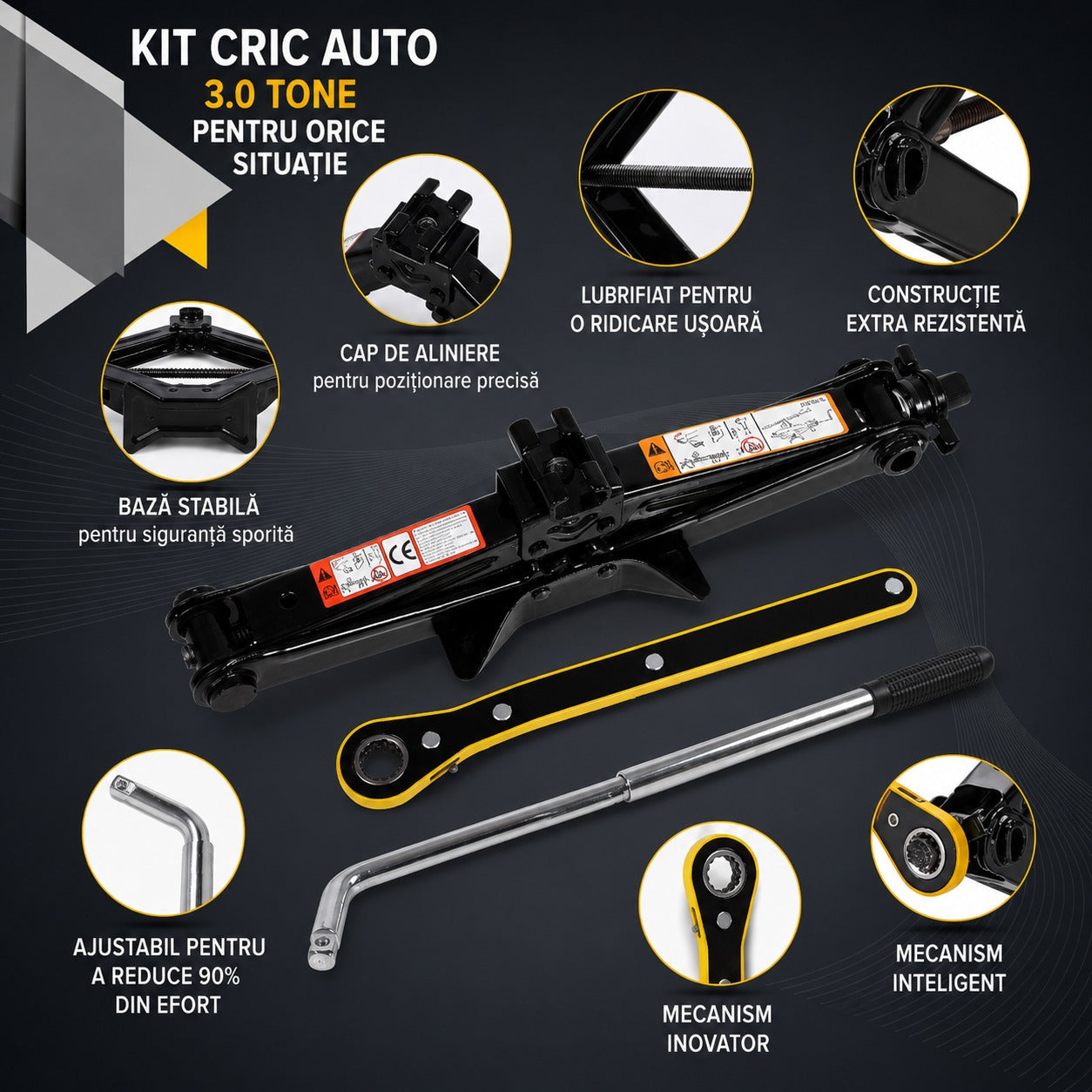 Cric Auto Trapezoidal pentru Ridicarea Masinii, Greutate Maxima Suportata 3 Tone, Ideal pentru Vehicule Tip Autovehicul, Motocicleta, ATV, Camion, Utilaj Agricol, 41.5 × 9 × 10 cm, Negru