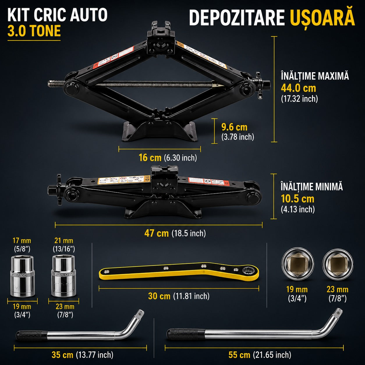 Cric Auto Trapezoidal pentru Ridicarea Masinii, Greutate Maxima Suportata 3 Tone, Ideal pentru Vehicule Tip Autovehicul, Motocicleta, ATV, Camion, Utilaj Agricol, 41.5 × 9 × 10 cm, Negru
