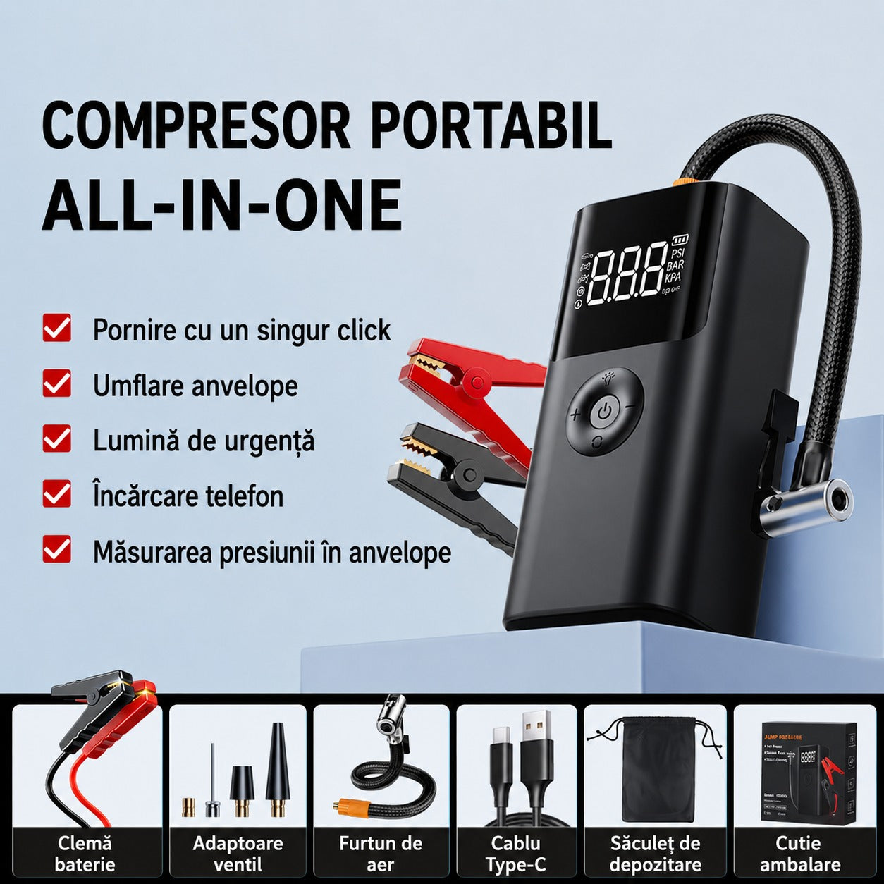 Starter auto cu pompă de aer de 45W 2000A, baterie externă de 16000mAh, 4 în 1