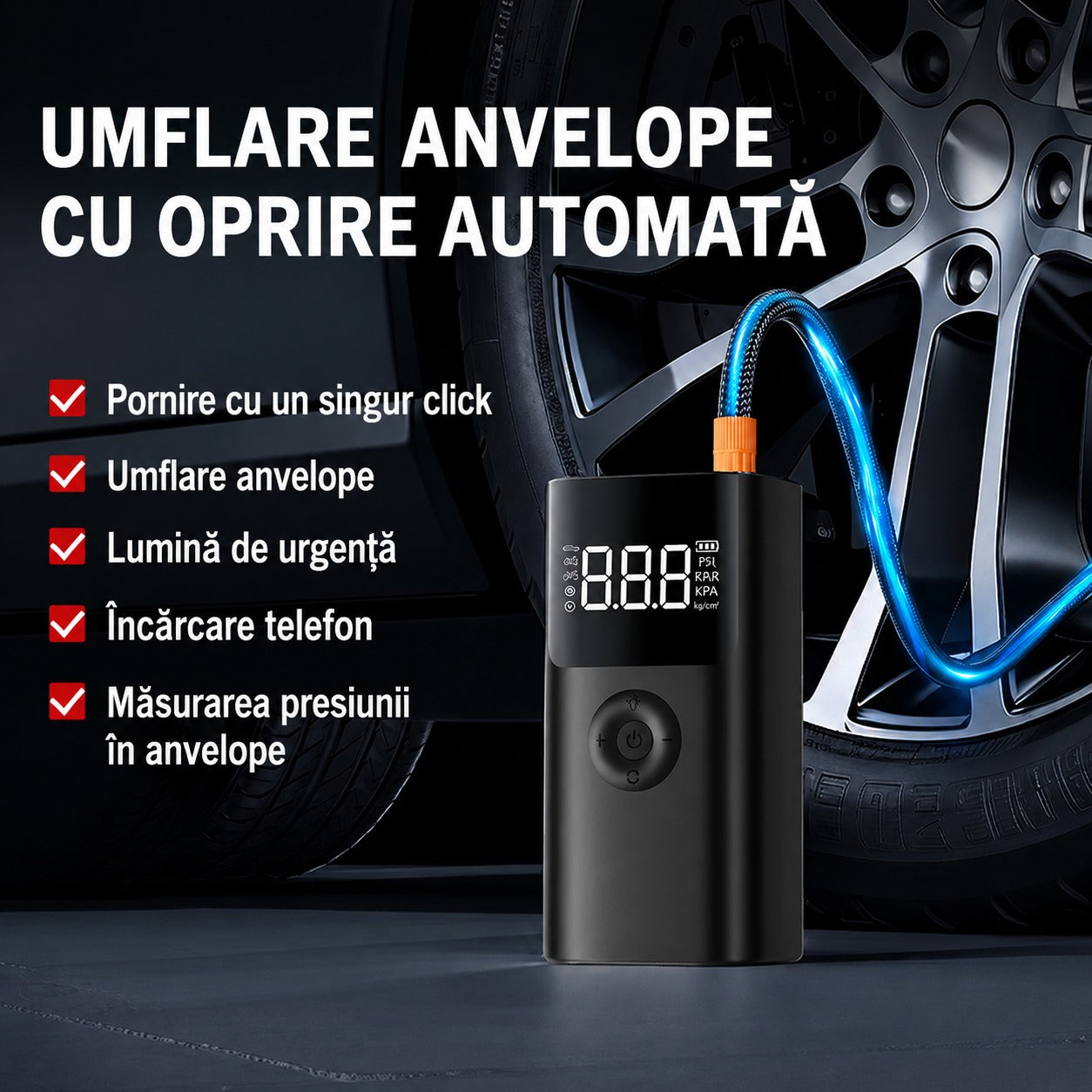 Starter auto cu pompă de aer de 45W 2000A, baterie externă de 16000mAh, 4 în 1