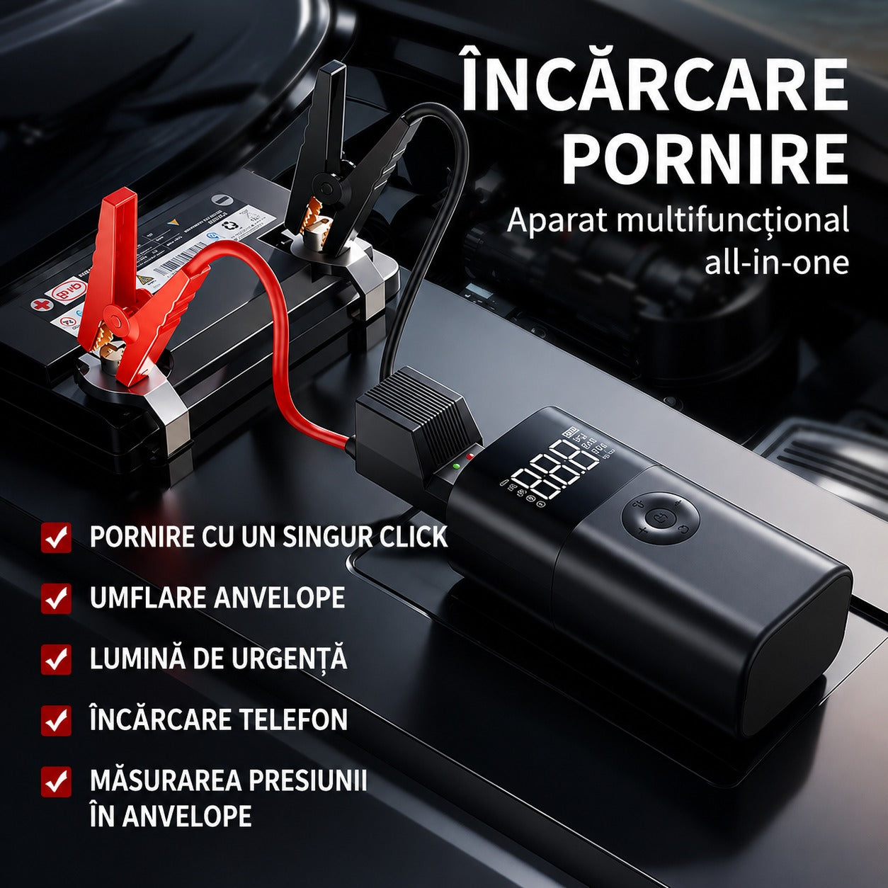 Starter auto cu pompă de aer de 45W 2000A, baterie externă de 16000mAh, 4 în 1