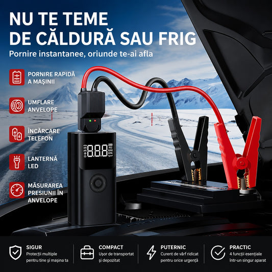 Starter auto cu pompă de aer de 45W 2000A, baterie externă de 16000mAh, 4 în 1